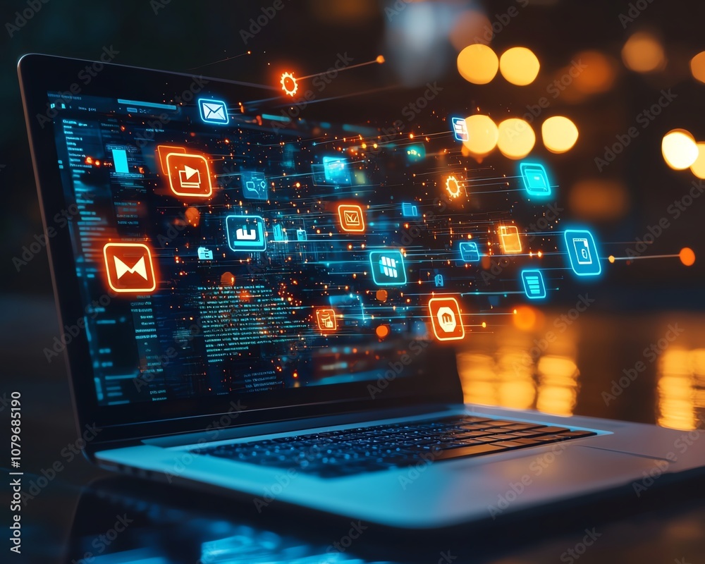 Aufkleber laptop showcasing vibrant digital icons and apps in midair, representing online connectivity, techno