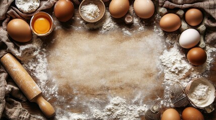 In the baking scene on a light white stone table, flour, sugar, eggs, and rolling pins are placed around, and baking towels add atmosphere and provide ample blank space for text.
