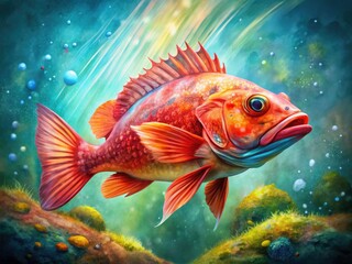 Fototapeta premium Stunning Red Rock Fish Watercolor Digital Painting - High-Quality Portrait Photography of Vibrant Marine Life, Artistic Representation of Underwater Beauty and Colorful Fish Species
