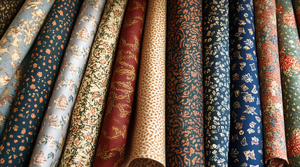 A collection of patterned fabrics in different designs and textures displayed together 
