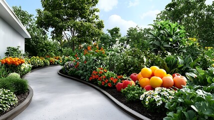 Obraz premium Lush and Picturesque Backyard Garden Filled with Vibrant Flowers Thriving Vegetables and Flourishing Greenery Creating a Peaceful and Serene Oasis for Relaxation and Enjoyment