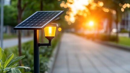Obraz premium An outdoor solar powered lamp illuminates a tranquil park pathway casting a warm glow and creating a serene eco friendly atmosphere as the sun sets The modern