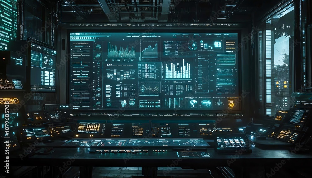 Aufkleber Realtime analytics and performance charts displayed on a hightech control interface, part of a futuristic industrial setting, emphasizing datadriven decisionmaking