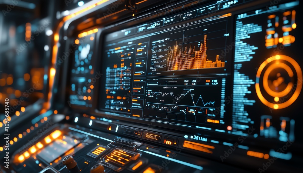 Aufkleber Realtime analytics and performance charts displayed on a hightech control interface, part of a futuristic industrial setting, emphasizing datadriven decisionmaking