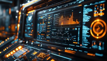 Fototapeta premium Realtime analytics and performance charts displayed on a hightech control interface, part of a futuristic industrial setting, emphasizing datadriven decisionmaking