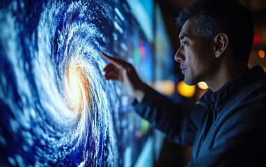 Storm analysis by a meteorologist on a large display, showing wind patterns, storm intensity, and impact predictions with hightech digital weather charts