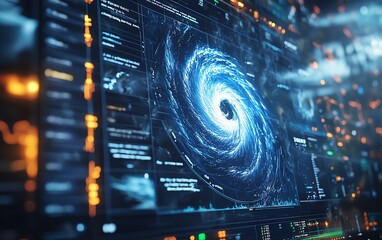 Storm analysis by a meteorologist on a large display, showing wind patterns, storm intensity, and impact predictions with hightech digital weather charts