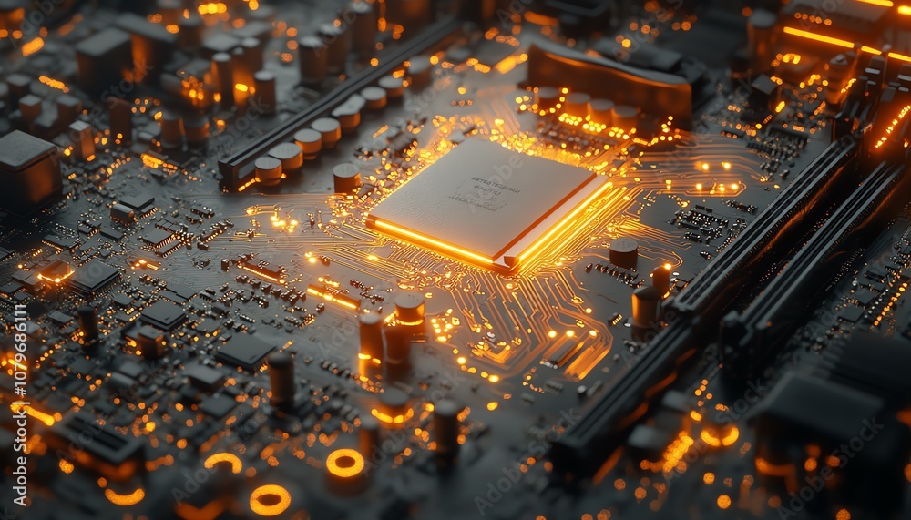 Aufkleber 3d rendered futuristic motherboard with illuminated circuits, interconnected digital pathways, repre