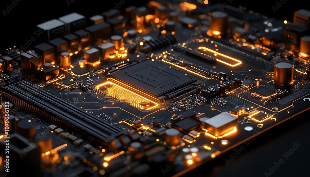 Poster 3D rendered futuristic motherboard with illuminated circuits, interconnected digital pathways, representing modern technology, communication, and innovation