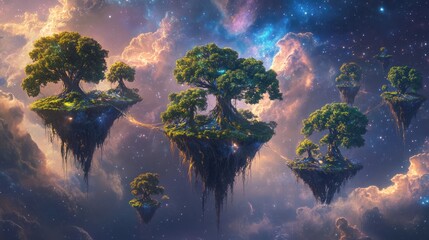 Floating trees in outer space, their roots gripping patches of earth, drifting weightlessly amidst the stars. The surreal scene combines nature's beauty with the vastness of the cosmos.