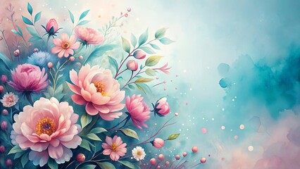 Delicate pink flowers with soft petals and a watercolor effect, nestled amidst lush green foliage, with a light blue background and subtle white dots