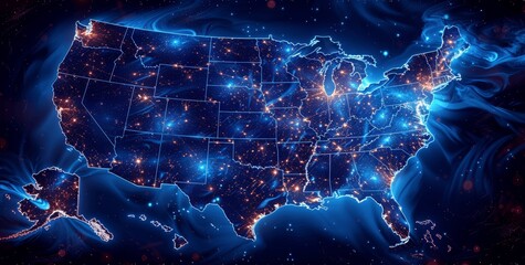 US United States Map Blue Glow Digital Abstract Art Contours Census Population Geography Trend Demography Density