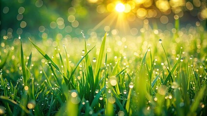 Fototapeta premium Sunbeams illuminate dew-kissed blades of grass in a field bathed in the soft glow of dawn.