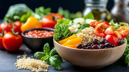 A colorful nutritious vegetarian salad bowl filled with a variety of fresh vegetables legumes whole grains and a flavorful dressing showcasing a healthy and balanced plant based meal