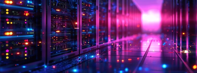 Obraz premium High Performance Data Center Server Rack with Glowing Lights and Digital Lines in Purple and Blue Colors