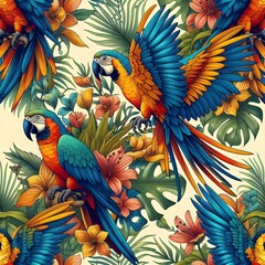 Fototapeta premium A whimsical repeating pattern of parrots with exaggerated colors