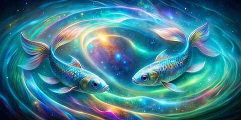 Two iridescent fish dance gracefully in a swirling cosmic sea, their fins shimmering with ethereal light.