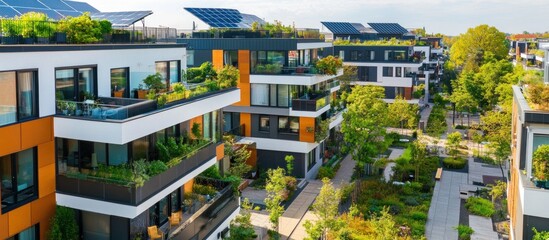 Obraz premium Modern eco-friendly houses with solar panels on the roof and a rooftop garden, sunny day