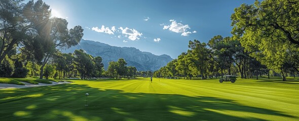 Naklejka premium Sunny Summer Day on a Beautiful Resort Golf Course with Stunning Views, Golf Cart, and Distant Mountains