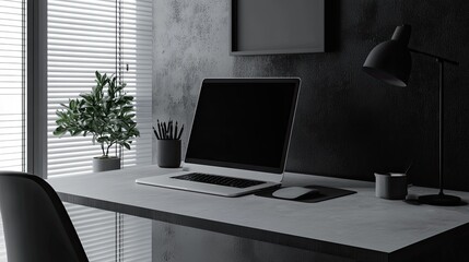 Fototapeta premium Minimalist Home Office Workspace with Laptop, Desk Lamp, and Potted Plant in Modern Interior Design Setting