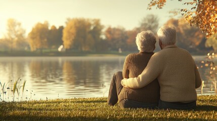 A hyper-realistic photograph of an elderly couple sitting together on the grass by a calm lake, watching the sunset. The couple is seen