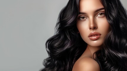 Fototapeta premium Model Girl with long wavy and shiny brown hair, AI generated image