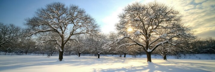 A serene winter landscape with snow-covered trees and a soft sunlight glow.