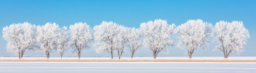 A row of frosted trees against a clear blue sky in a winter landscape.