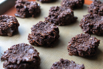 Close-Up of No-Bake Chocolate Cookies on Silicone Baking Sheet, No bake oatmeal cookies