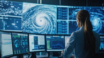A meteorology team in a control room monitoring hurricane data, with live satellite feeds, computer models, and storm warnings flashing on large screens, showcasing the science of hurricane tracking