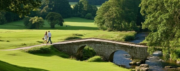 A couple walks hand-in-hand over a stone bridge in a lush, green landscape.