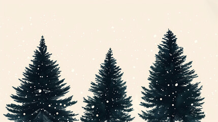 Obraz premium Abstract green pine tree silhouettes with falling snowflakes on beige background