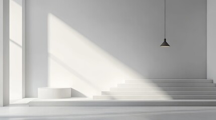 Fototapeta premium Minimalist Interior with Geometric Shadows and Modern Pendant Light in a Bright White Room