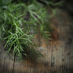 Naklejka premium Fresh Dill Sprigs on Wood