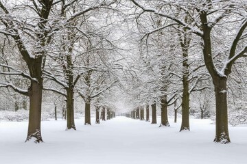 A serene winter landscape with snow-covered trees lining a path.
