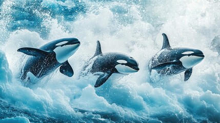 Obraz premium Majestic Orcas Surfing Through Ocean Waves in a Stunning Display of Power and Grace