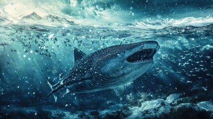 Fototapeta premium Majestic Whale Shark Swimming in Vibrant Ocean with Schools of Fish and Snowy Mountains in the Background