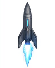 Obraz premium Sleek rocket design with bright blue flames on a white isolated background.