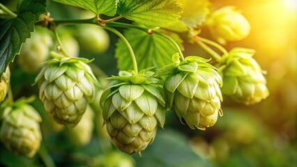 Fototapeta premium Close-up image of a hop cone with delicate flowers and tiny leaves, cones, ingredient