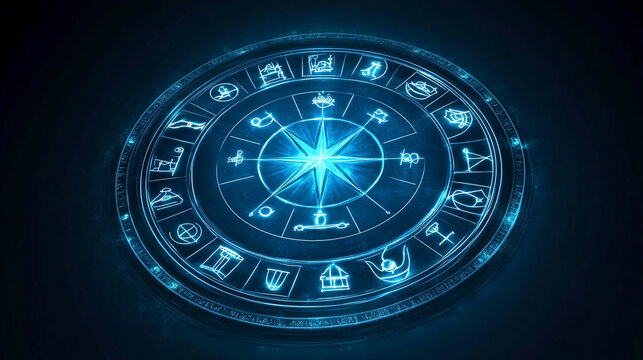 A glowing blue zodiac wheel with a compass in the center.