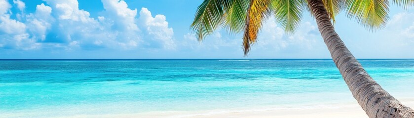 A serene beach scene with clear water, palm trees, and a bright blue sky.