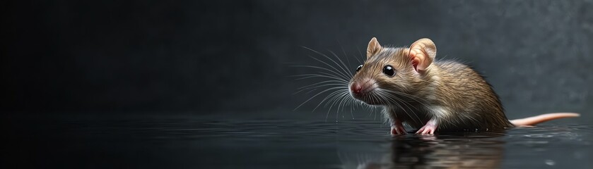 Close-up of a brown rat standing on a reflective surface, showcasing its detailed fur and whiskers in low light.