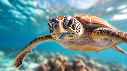 Fototapeta premium Majestic green sea turtle swimming gracefully in the crystal clear tropical ocean highlighting the beauty and delicate balance of the underwater marine ecosystem