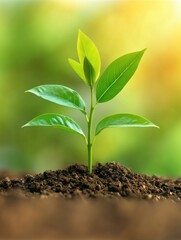 Naklejka premium A young green plant emerging from rich soil, symbolizing growth and renewal.