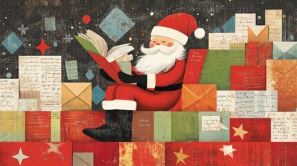 Illustrated Santa reading a book among colorful presents