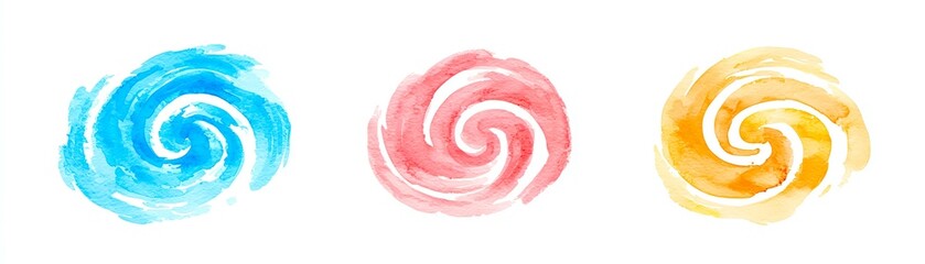 Obraz premium Three colorful watercolor spirals on a white background, ideal for artistic projects and creative designs.