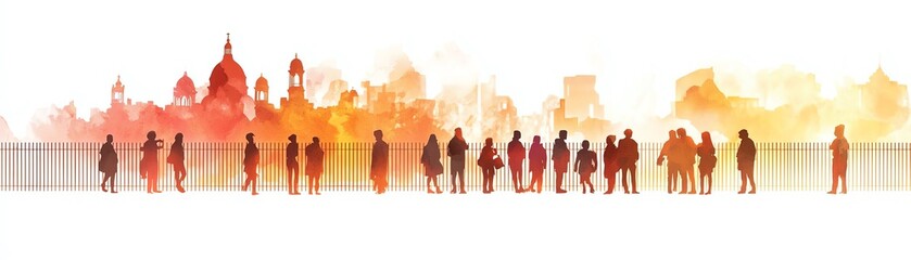 Fototapeta premium Silhouetted figures against a colorful skyline, representing diversity and urban life.