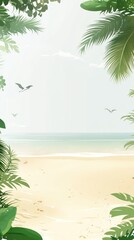 Obraz premium A serene beach scene framed by lush tropical foliage and gentle waves.