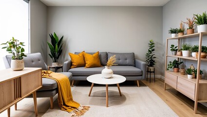  modern, minimalist living room with a focus on neutral and natural tones. 