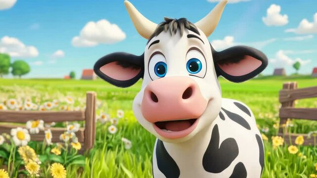 Cow farm theme vector illustration, showing a happy cow in a playful farm scene